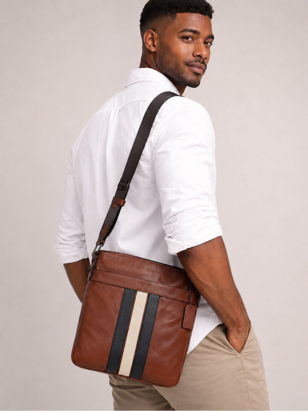 COACH F54193 Leather Messenger Crossbody Bag Varsity Stripe Brown Men’s